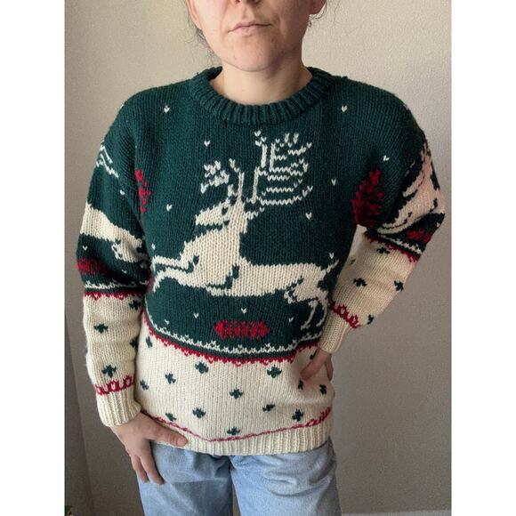 Vintage Eddie Bauer 1990 Reindeer Christmas Sweater holiday fair isle 100% Wool - Picture 1 of 7